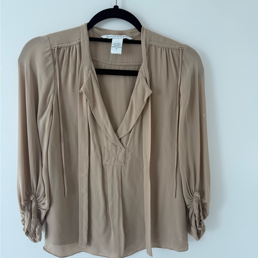 Diane Von Furstenberg Taupe Tie-Neck Blouse